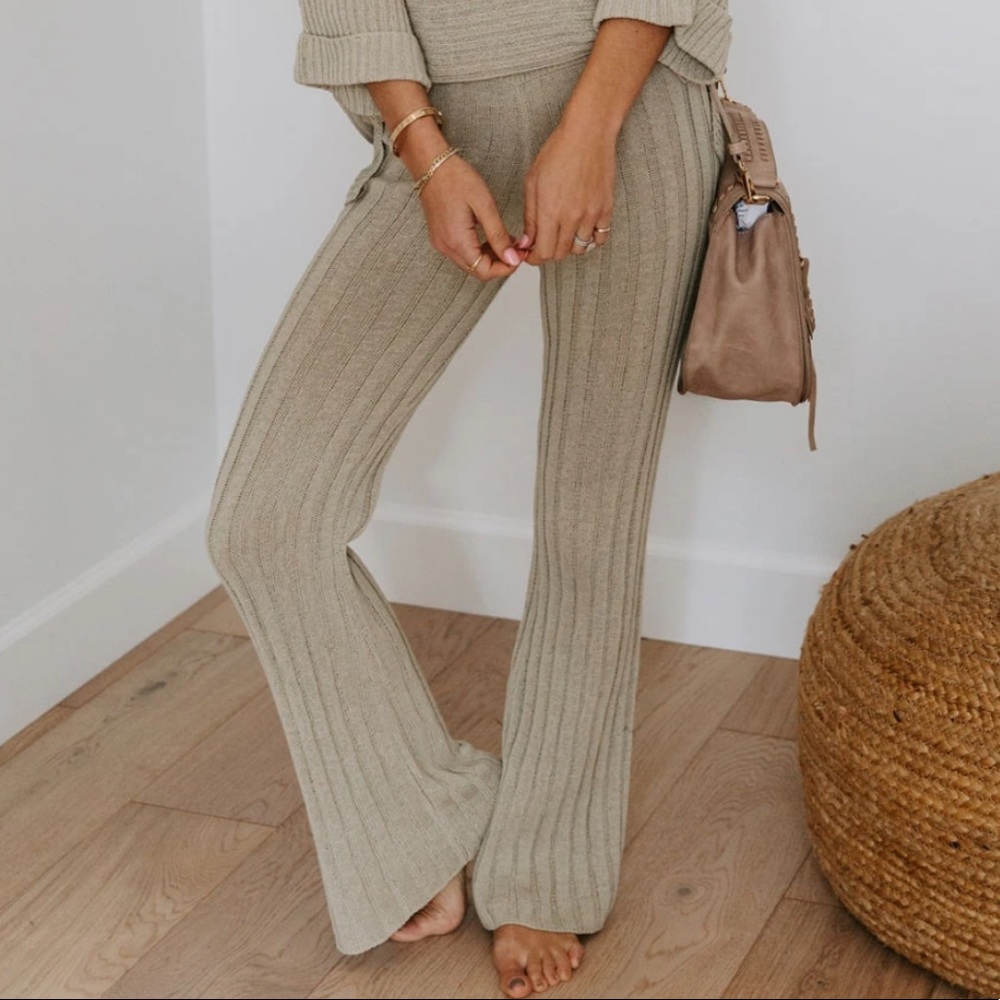 Vici Ribbed Knit Flare Pants in Beige